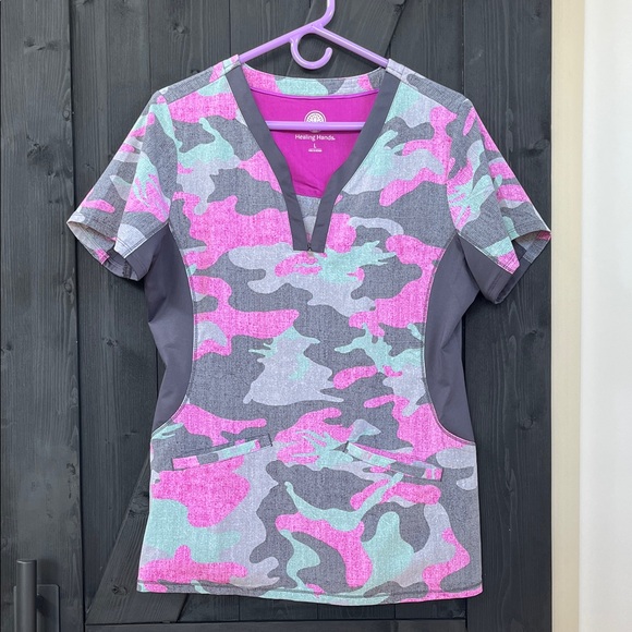 Healing Hands Pink and Gray Camo Top - Picture 1 of 6